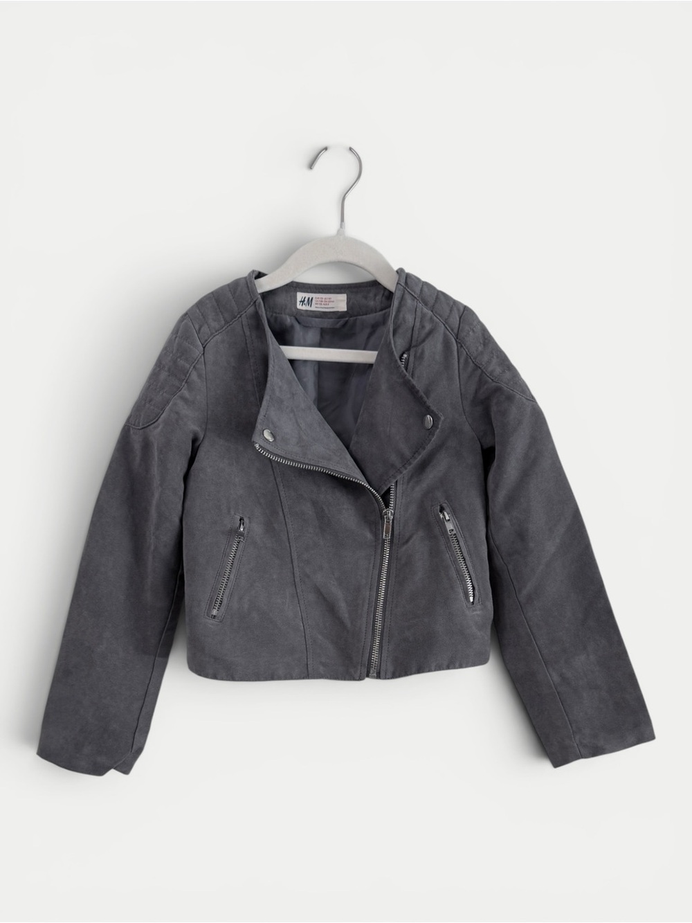 H&M Gray Faux Suede Moto Jacket Girls Size 7-8Y Cropped Zip Jacket